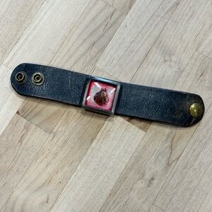 Black Leather Bracelet with Antique Horse Bridle Rosette